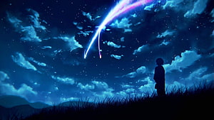 Silhouette of a figure gazing at a glowing comet streaking across a starry night sky in an anime landscape HD wallpaper