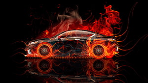 Sleek Black Sports Car Enveloped in Vivid Neon Flames on Reflective Surface HD wallpaper
