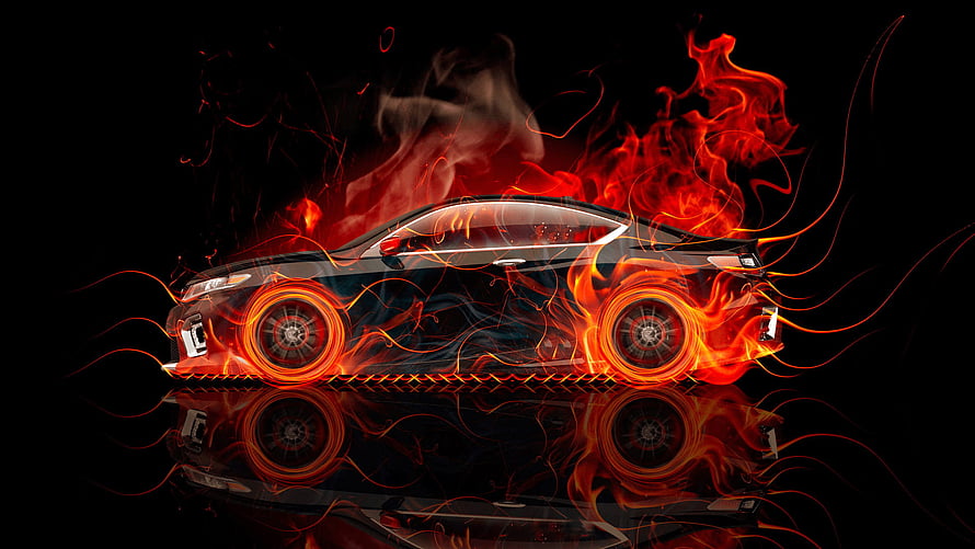 Sleek Black Sports Car Enveloped in Vivid Neon Flames on Reflective Surface HD wallpaper