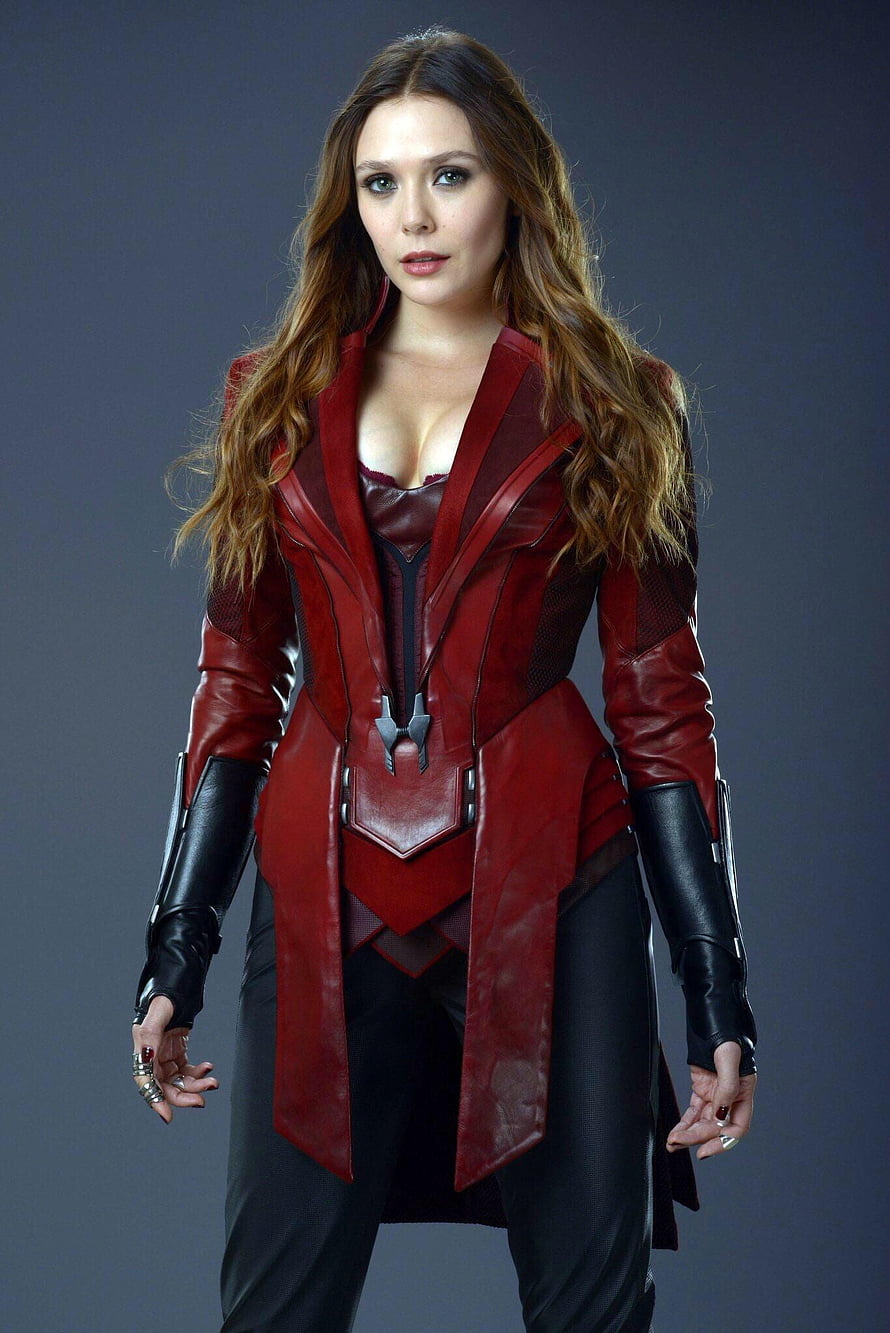 Elizabeth Olsen as Scarlet Witch in red leather Avengers costume HD phone wallpaper