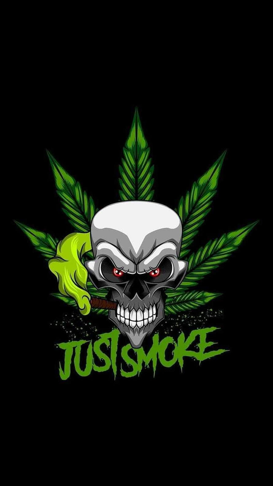 Aggressive Skull with Cannabis Leaves and Green Smoke on Black Background HD phone wallpaper
