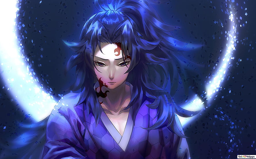 Michikatsu Tsugikuni from Demon Slayer with glowing blue aura and traditional robes HD wallpaper
