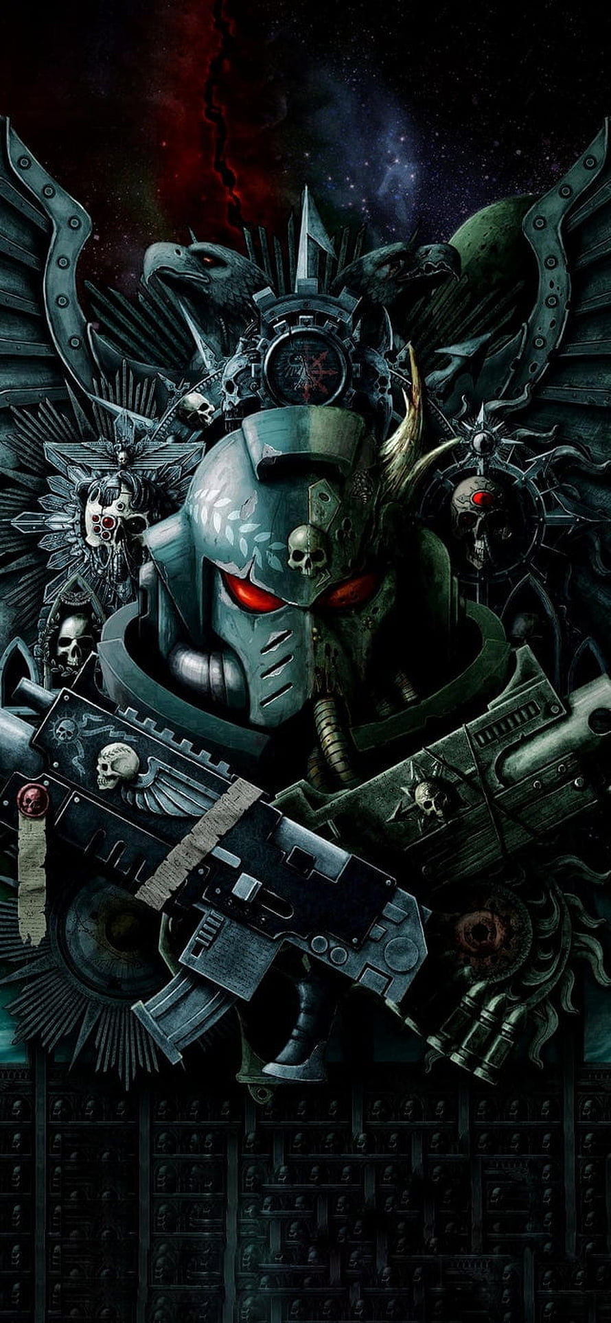 Warhammer 40k Space Marine Helmet with Red Eyes and Heavy Weapons in Dark Gothic Style HD phone wallpaper