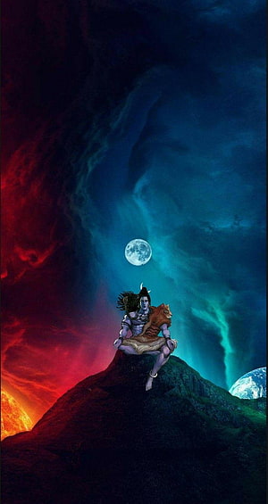 Lord Shiva as Adiyogi Meditating on a Cosmic Mountain Peak Under a Full Moon HD phone wallpaper