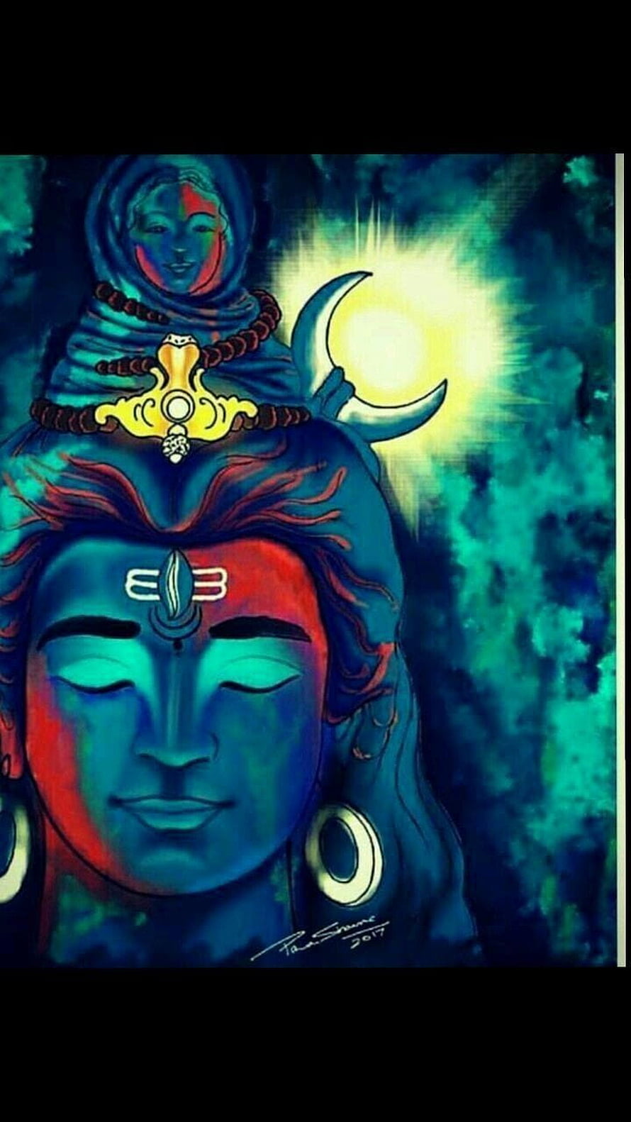 Bhole Baba Shiva with Crescent Moon and Third Eye in Vibrant Blue and Red Artwork HD phone wallpaper