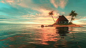 Kame House on a Tropical Island at Sunset with Palm Trees and Ocean Reflections HD wallpaper