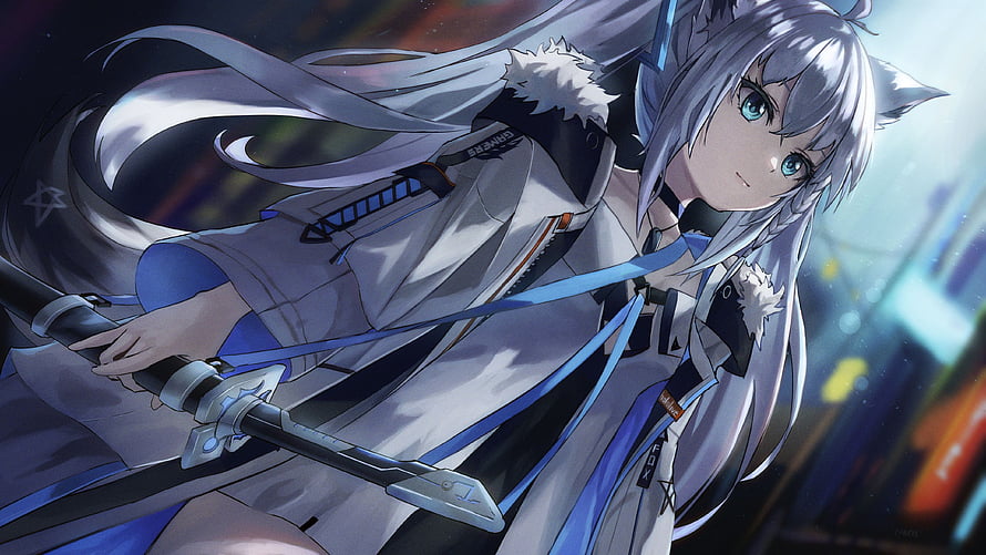 Shirakami Fubuki Anime Character with Silver Hair and Sword in Futuristic City HD wallpaper
