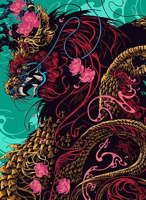 Intricate Japanese Dragon Illustration with Pink Flowers and Teal Background HD phone wallpaper
