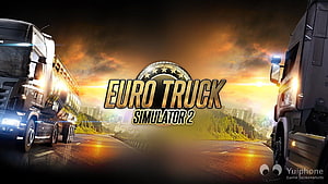 Euro Truck Simulator 2 promotional artwork featuring semi-trucks on a highway at sunset HD wallpaper