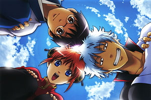 Gintama Anime Characters Gazing Down From Above Against a Bright Blue Sky HD wallpaper
