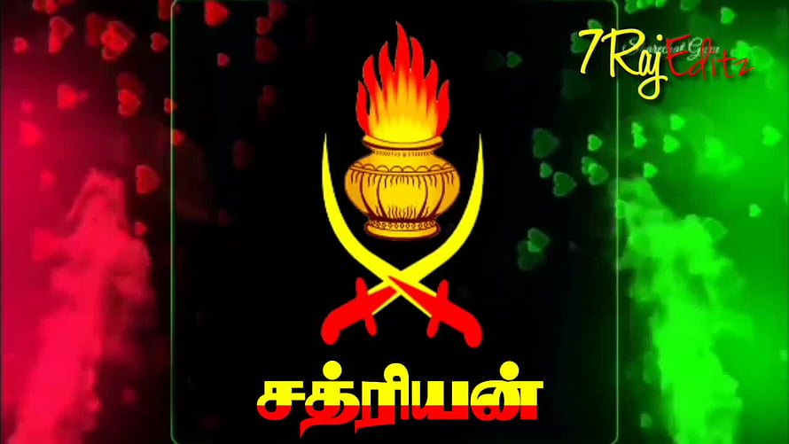 Veera Vanniyar Emblem With Flame, Crossed Swords, and Tamil Script on Black Background HD wallpaper