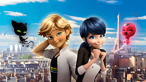 Miraculous Ladybug and Cat Noir with Plagg and Tikki in Paris HD wallpaper