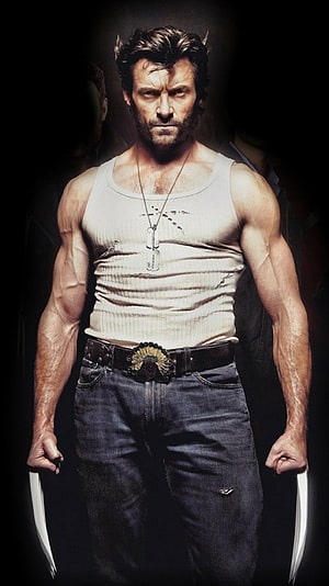 Hugh Jackman as Wolverine in White Tank Top with Extended Claws HD phone wallpaper