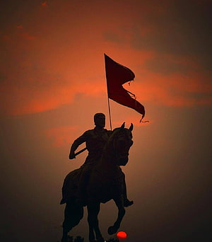 Chhatrapati Shivaji Maharaj Equestrian Statue Silhouette Against Dramatic Sunset Sky HD phone wallpaper