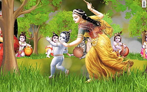 Radha and Krishna Dancing in a Lush Green Forest with Gopis HD wallpaper
