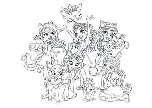 Enchantimals Group Coloring Page Featuring Five Girls and Animal Friends HD wallpaper