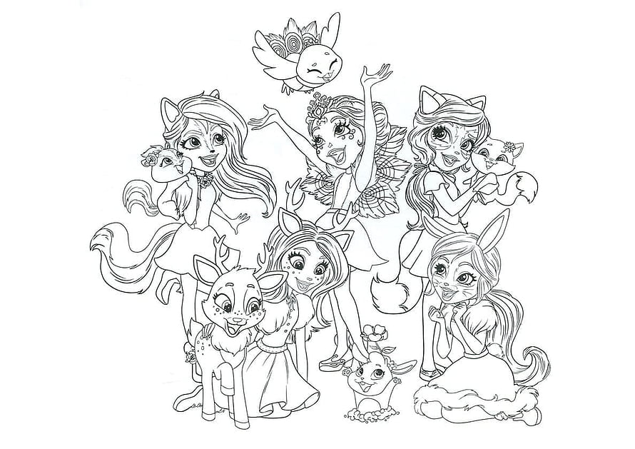 Enchantimals Group Coloring Page Featuring Five Girls and Animal Friends HD wallpaper