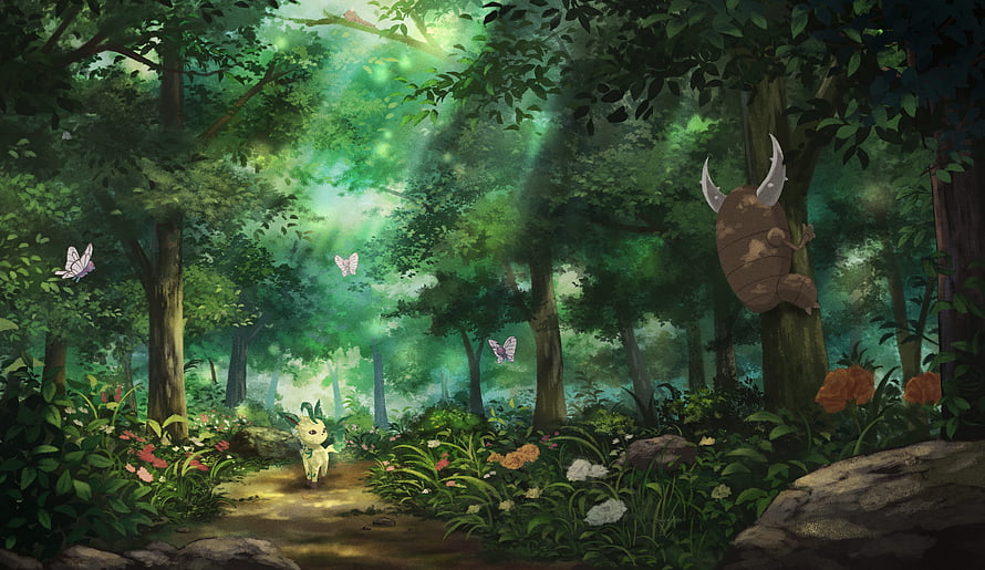 Leafeon and Pinsir in a Lush Pokemon Forest with Butterfree HD wallpaper