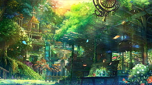 Lush Overgrown Fantasy Cityscape with Ancient Architecture and Vibrant Spring Foliage HD wallpaper