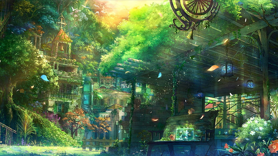 Lush Overgrown Fantasy Cityscape with Ancient Architecture and Vibrant Spring Foliage HD wallpaper