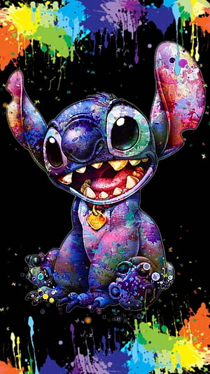 Stitch in vibrant multicolor paint splatter art with cosmic galaxy texture on black background HD phone wallpaper