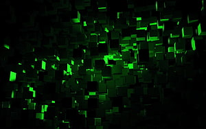 Abstract 3D Green Cubes Floating in Dark Void with Neon Glow HD wallpaper