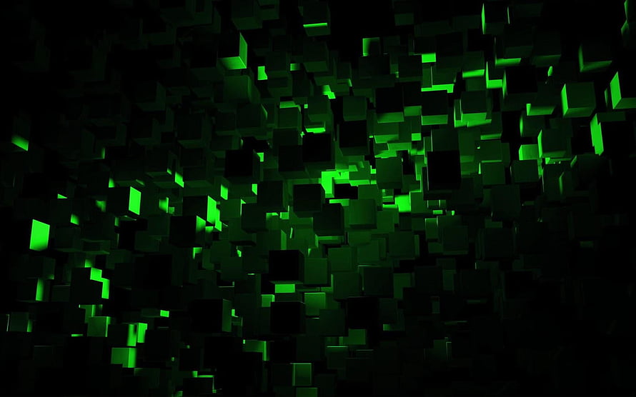 Abstract 3D Green Cubes Floating in Dark Void with Neon Glow HD wallpaper