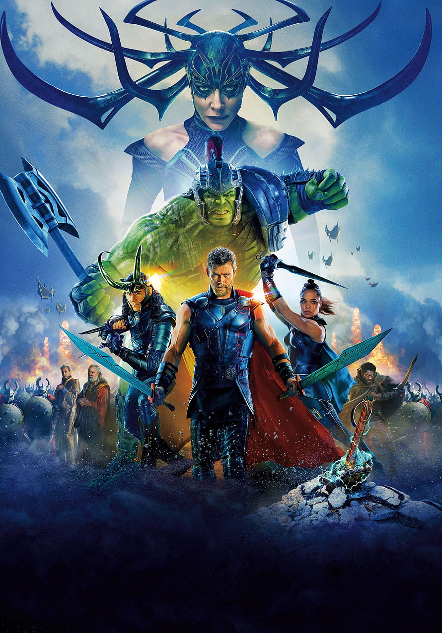 Thor Ragnarok Movie Poster Featuring Thor, Hulk, Loki, Hela, and Valkyrie in Epic Battle Scene HD phone wallpaper