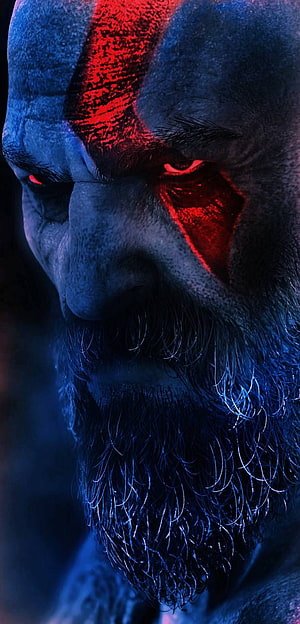 Kratos Close-Up Portrait With Glowing Red War Paint and Intense Eyes HD phone wallpaper