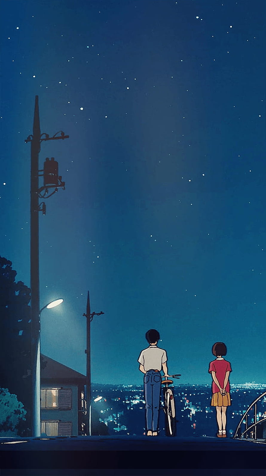 Studio Ghibli Night Scene: Two Figures Gazing at Starry Sky Over City Lights HD phone wallpaper