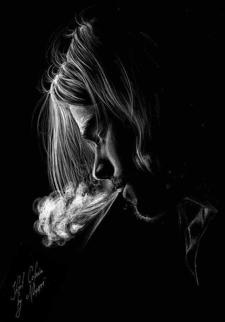 Kurt Cobain Black and White Chalk Portrait with Cigarette Smoke HD phone wallpaper