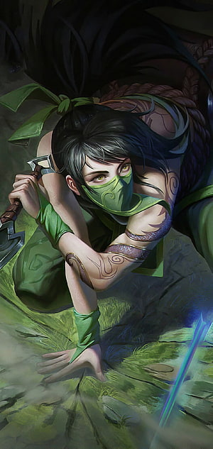 Akali from League of Legends in a crouched combat pose wearing a green mask and holding a blade HD phone wallpaper