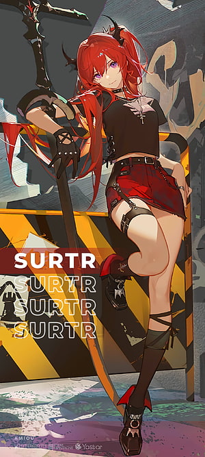 Surtr from Arknights in a punk outfit holding a large weapon in an industrial setting HD phone wallpaper