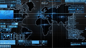 Futuristic Digital World Map with Blue Holographic Data Interface and Cyber Dashboard Elements HD wallpaper