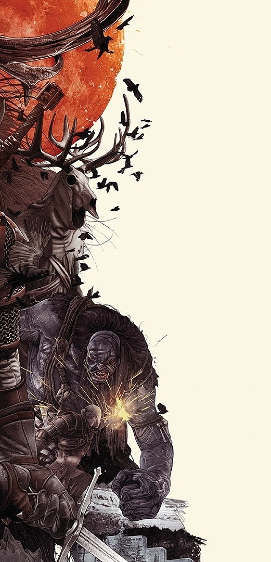 The Witcher 3 Dark Fantasy Artwork Featuring Geralt and a Skeletal Deer HD phone wallpaper
