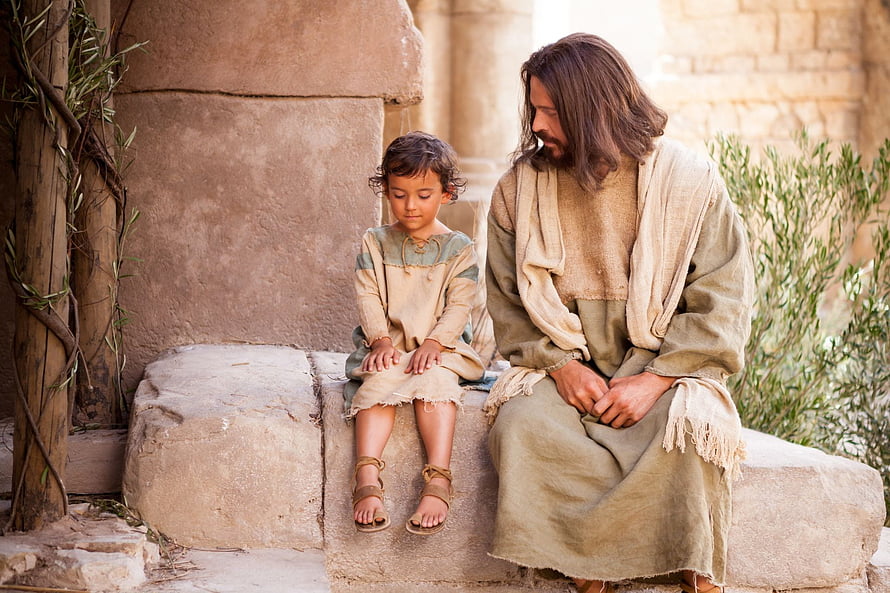 Jesus Christ Sitting Beside a Young Child on Ancient Stone Steps HD wallpaper