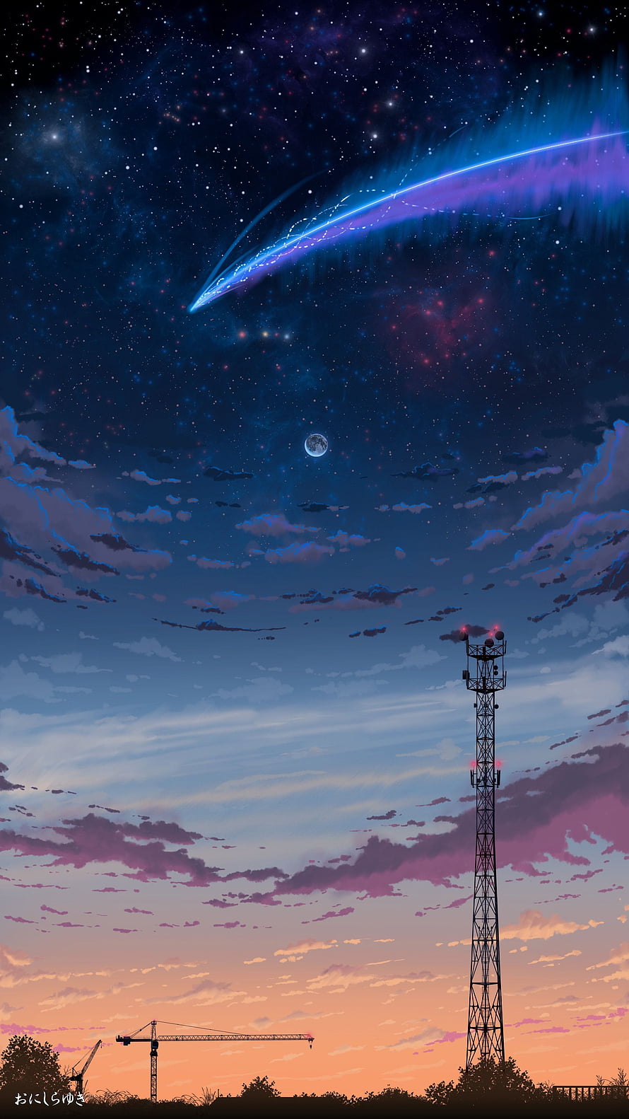 Anime Night Sky with Shooting Star, Moon, and Communication Tower at Dusk HD phone wallpaper