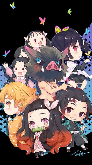 Demon Slayer Chibi Cast Group Art with Butterflies and Starry Background HD phone wallpaper