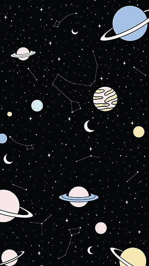 Minimalist Pastel Space Illustration Featuring Planets, Moons, and Constellations on Black Background HD phone wallpaper