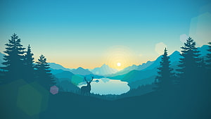 Minimalist Flat Art Deer Silhouette Watching Sunrise Over Mountain Lake HD wallpaper