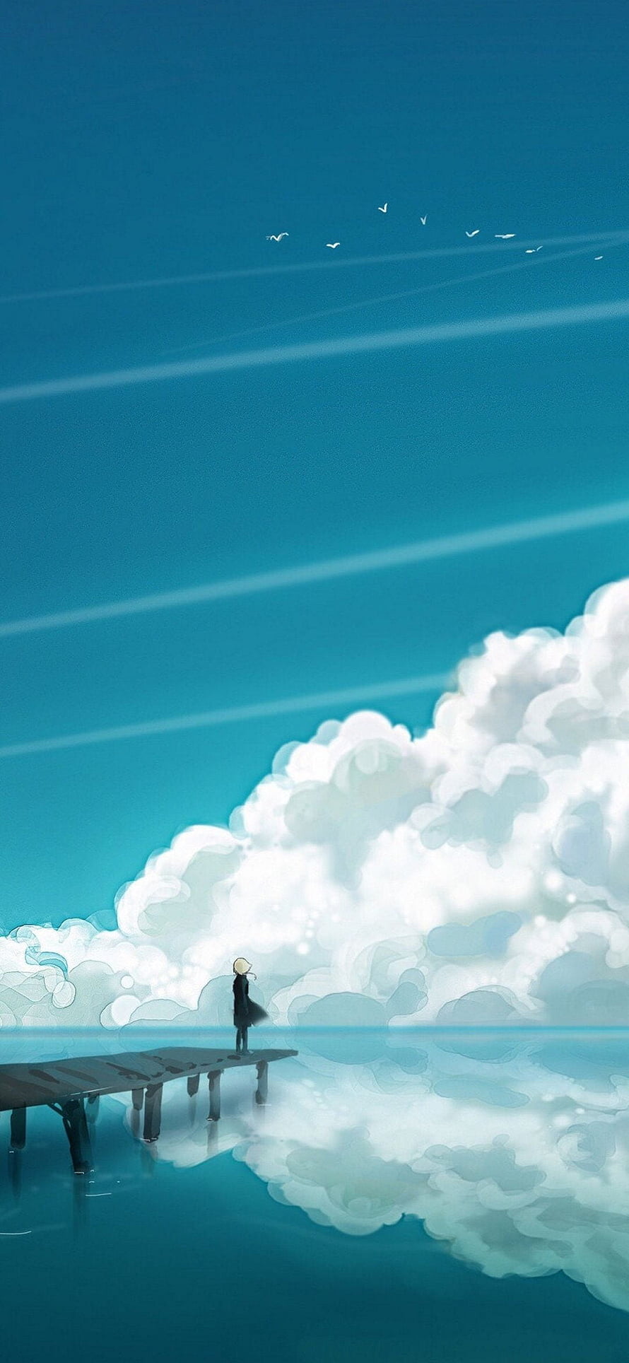 Solitary Figure on Pier Facing Vast Clouds in Serene Blue Sky HD phone wallpaper