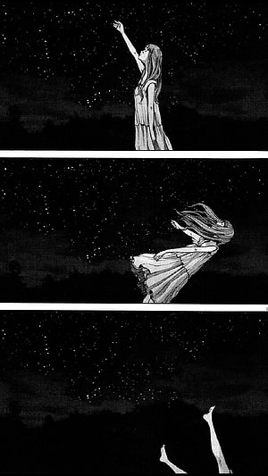 Oyasumi Punpun manga panels of a girl reaching toward a starry night sky HD phone wallpaper