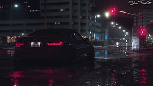 Black BMW M4 Sedan Parked on Wet City Street at Night with Red Traffic Lights HD wallpaper