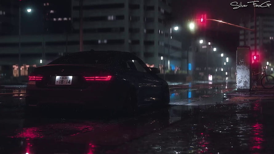 Black BMW M4 Sedan Parked on Wet City Street at Night with Red Traffic Lights HD wallpaper