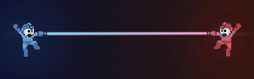 Mega Man and Bass Pixel Art Duel with Energy Beams on Dark Background HD wallpaper