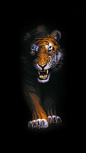 Fierce Roaring Tiger Portrait with Glowing Eyes on Black Background HD phone wallpaper