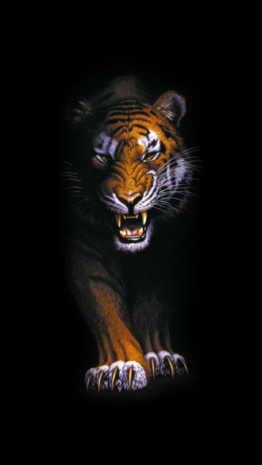 Fierce Roaring Tiger Portrait with Glowing Eyes on Black Background HD phone wallpaper