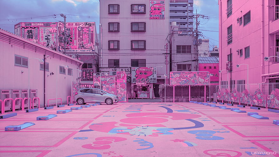 Vibrant Pink Tokyo Street Scene with Hello Kitty Murals and Urban Aesthetic HD wallpaper