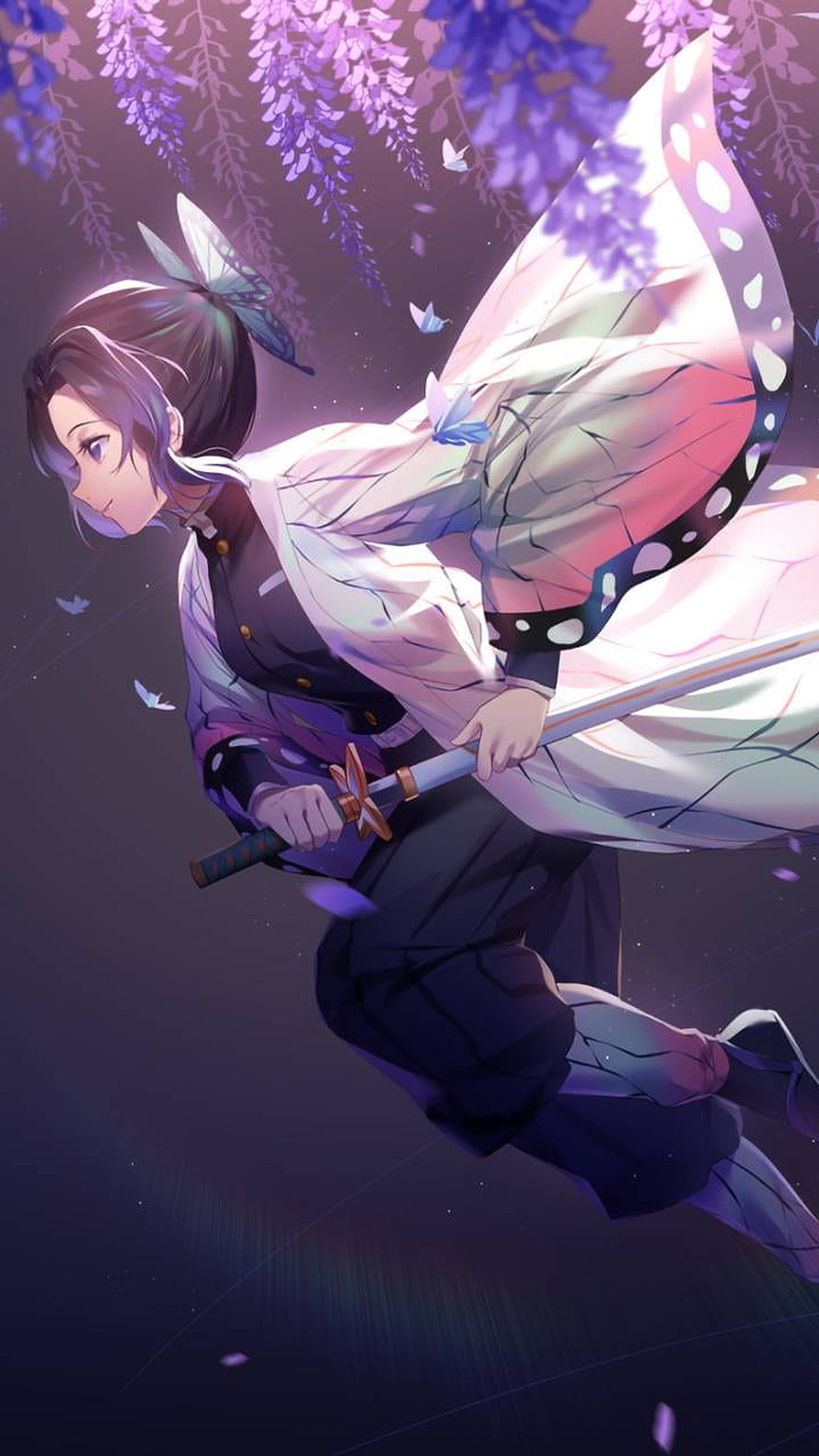 Shinobu Kochou from Demon Slayer Leaping Under Wisteria Blossoms HD phone wallpaper