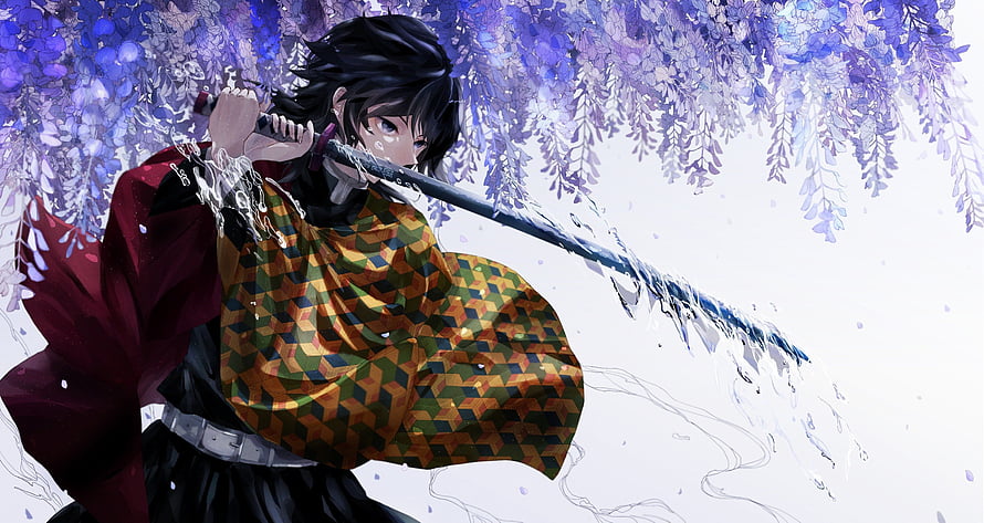 Demon Slayer Giyu Tomioka Wielding Water Breathing Sword Under Wisteria Blossoms HD wallpaper
